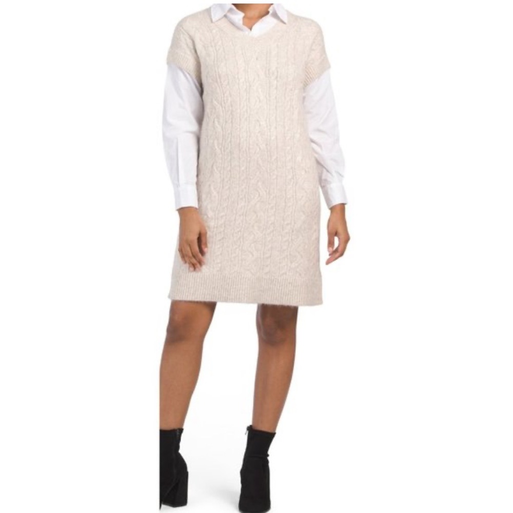 Cupcakes and cashmere cable knit layered shirt sweater dress